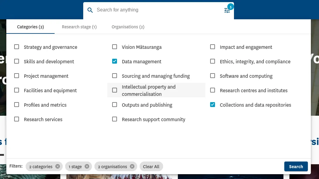 ResearchHub search in navigation bar with filter mega menu.